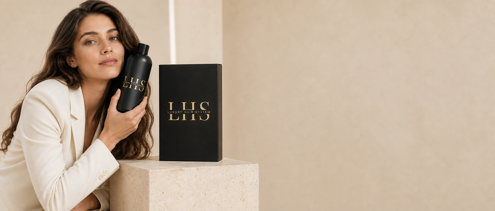 LHS female model with premium gold-branded women hair care products
