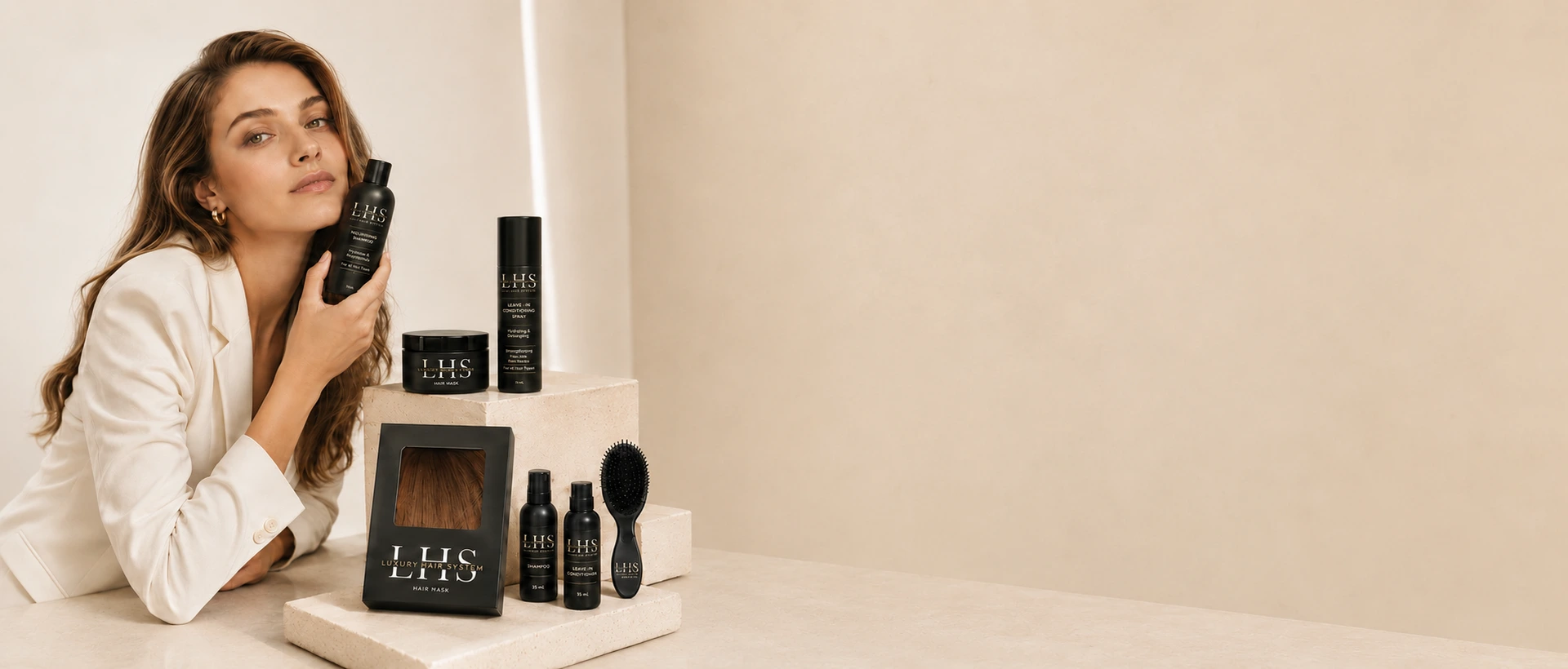 Female LHS model with hair care products