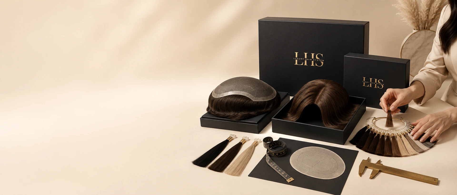 LHS custom hair system design tools, color samples, and measurement materials