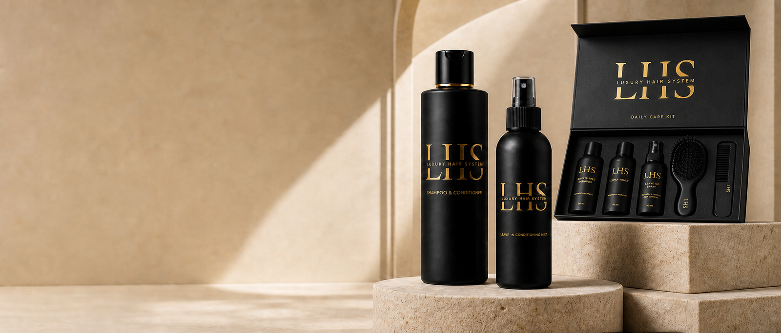 LHS Shampoo and Conditioner, Leave-In Conditioning Mist, and open Daily Care Kit