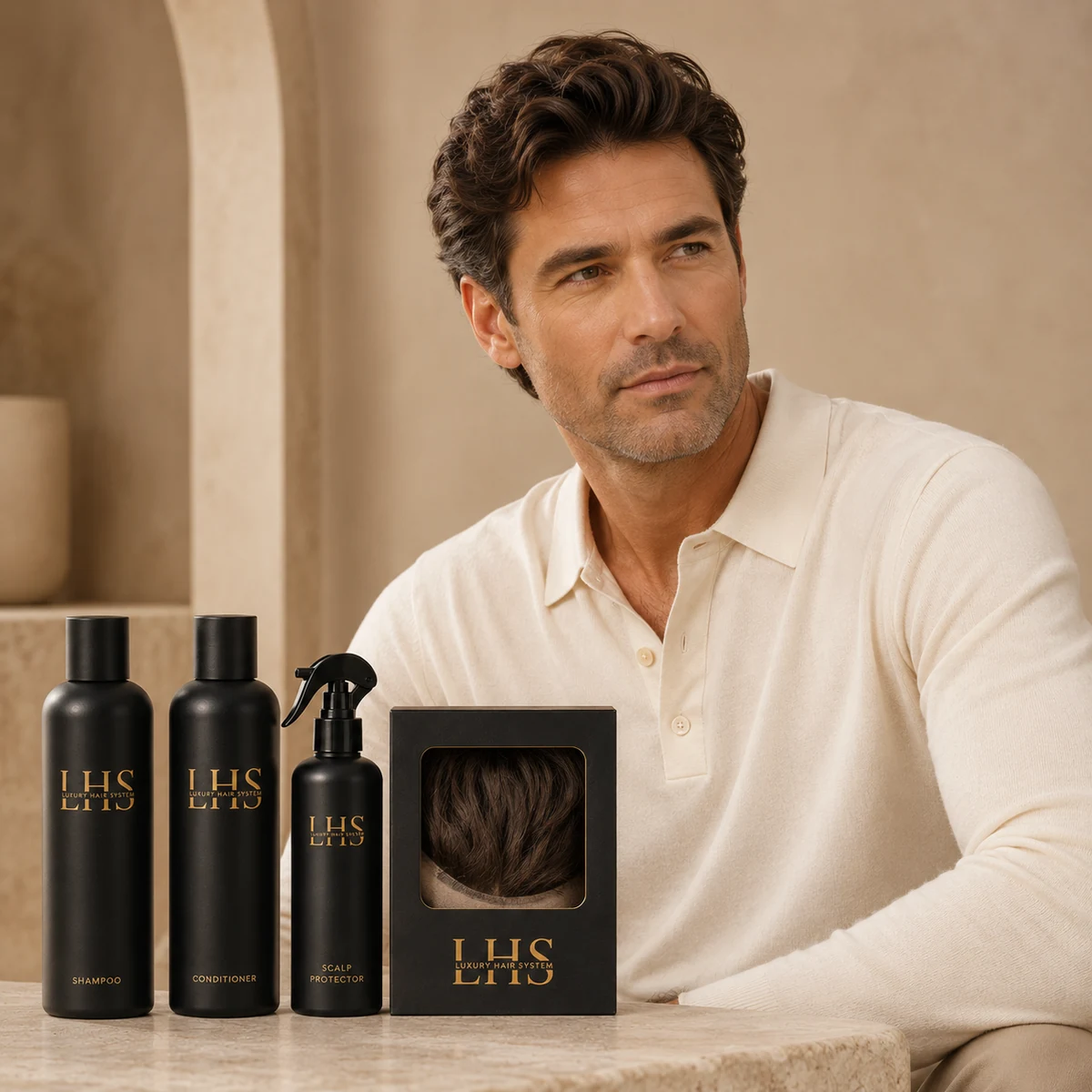 LHS men systems model with coordinated hair care products