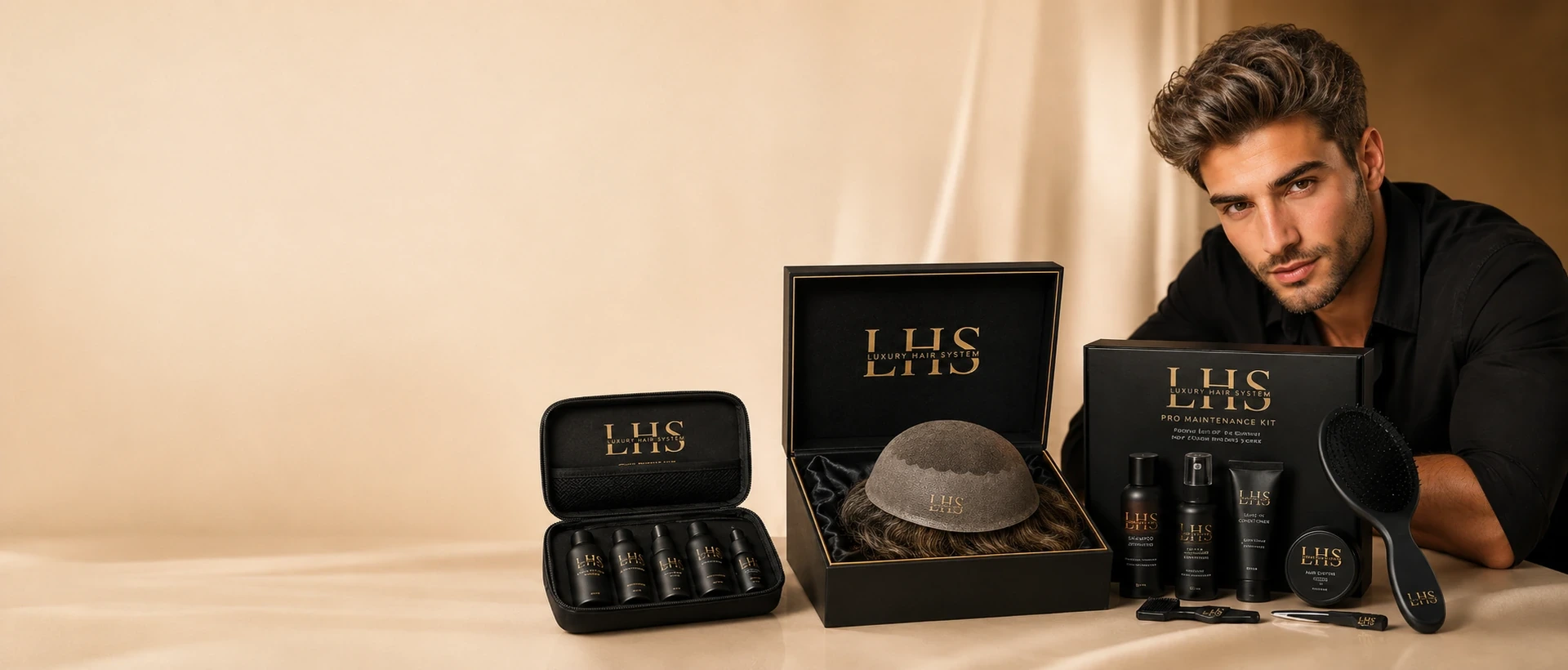 LHS men’s hair systems, care essentials, and male model